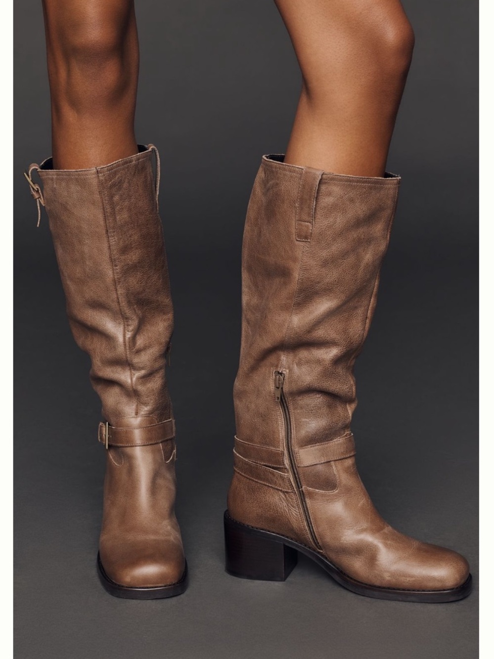 NWT MAEVE by ANTHROPOLOGIE Mod Buckle Block-Heel Leather Boots-Cedar Sz 36/5-5.5